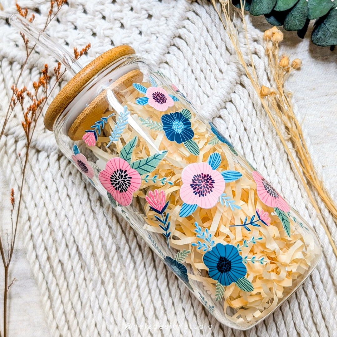 Pink and Teal Flowers Glass Can